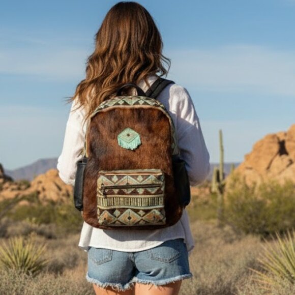 🔥 RARE Western Cowhide & Real Tooled Leather Diaper Bag / Backpack XL 🐄 - Picture 1 of 13